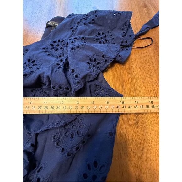 Chris McLaughlin Women's Flutter Sleeve Eyelet Ruffle Front Navy Blue Dress 6 - Picture 6 of 7